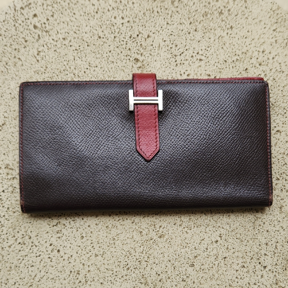 Hermes Bearn Veau Epsom Leather Long Bifold Wallet Darck Purple And Wine Colors